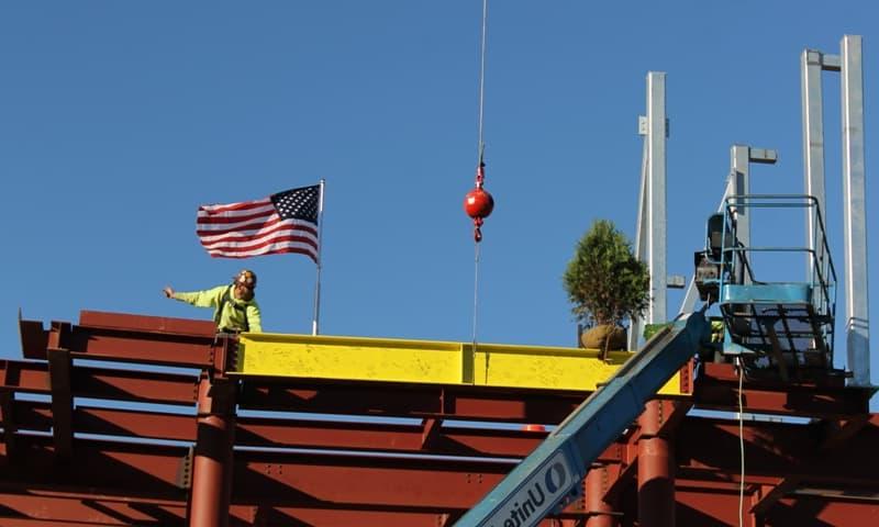 黄色光束与常绿植物的特写 & 美国国旗和工人在新两层楼的红色钢框架顶部