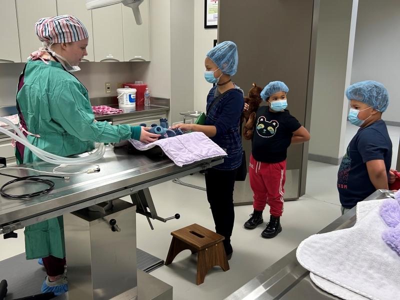 vet tech student in scrubs with 3 children wearing masks & hair nets with their stuffed animals in exam room